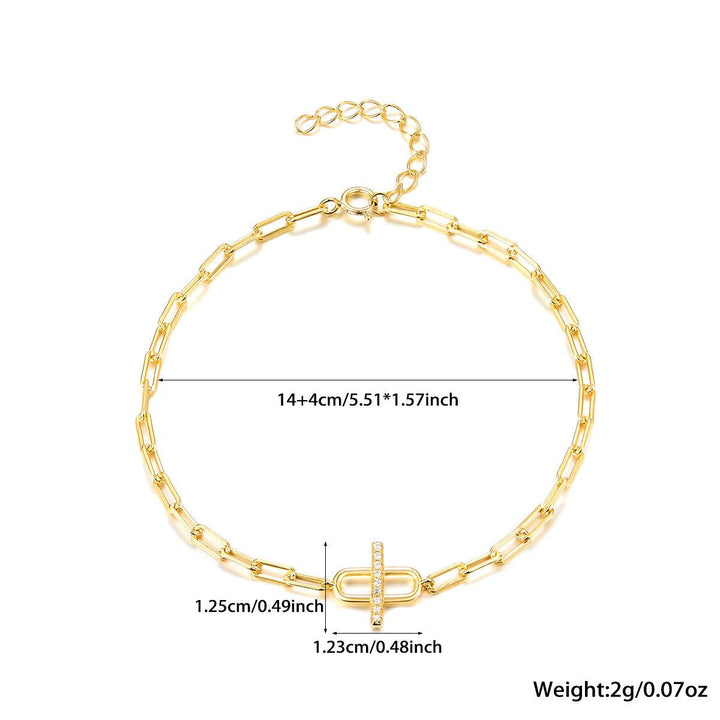 Gold chain bracelet with a minimalist clasp design, featuring precise measurements and an adjustable length for a perfect fit.