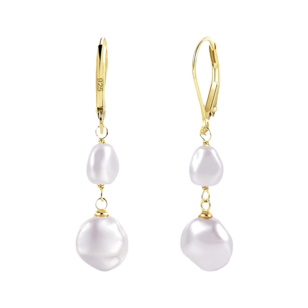 Elegant gold drop earrings featuring double white pearls, designed for a timeless and sophisticated look