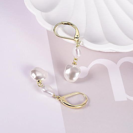 Elegant gold drop earrings featuring double white pearls, beautiful jewelry for daily wear