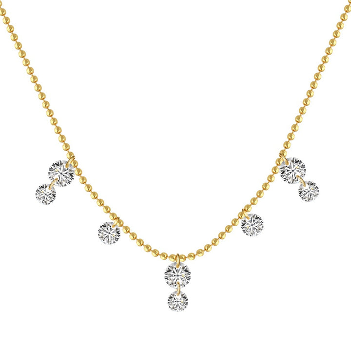 Elegant gold necklace with sparkling crystal pendants, front angle