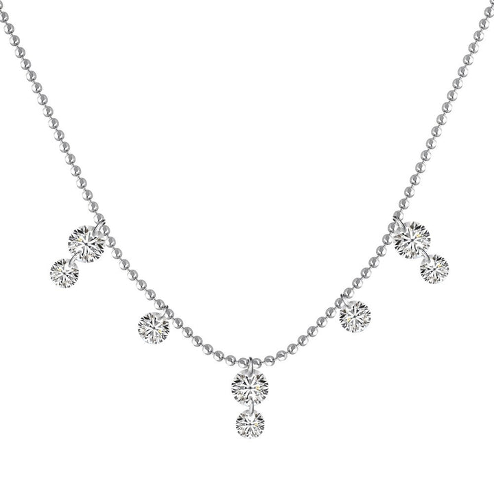 Elegant silver necklace with sparkling crystal pendants, front angle