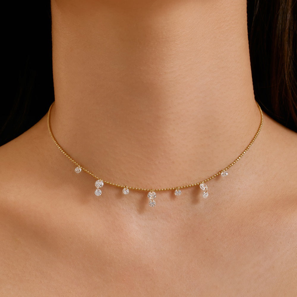 a women wearing elegant silver necklace with star sparkling crystal pendants, straight look angle