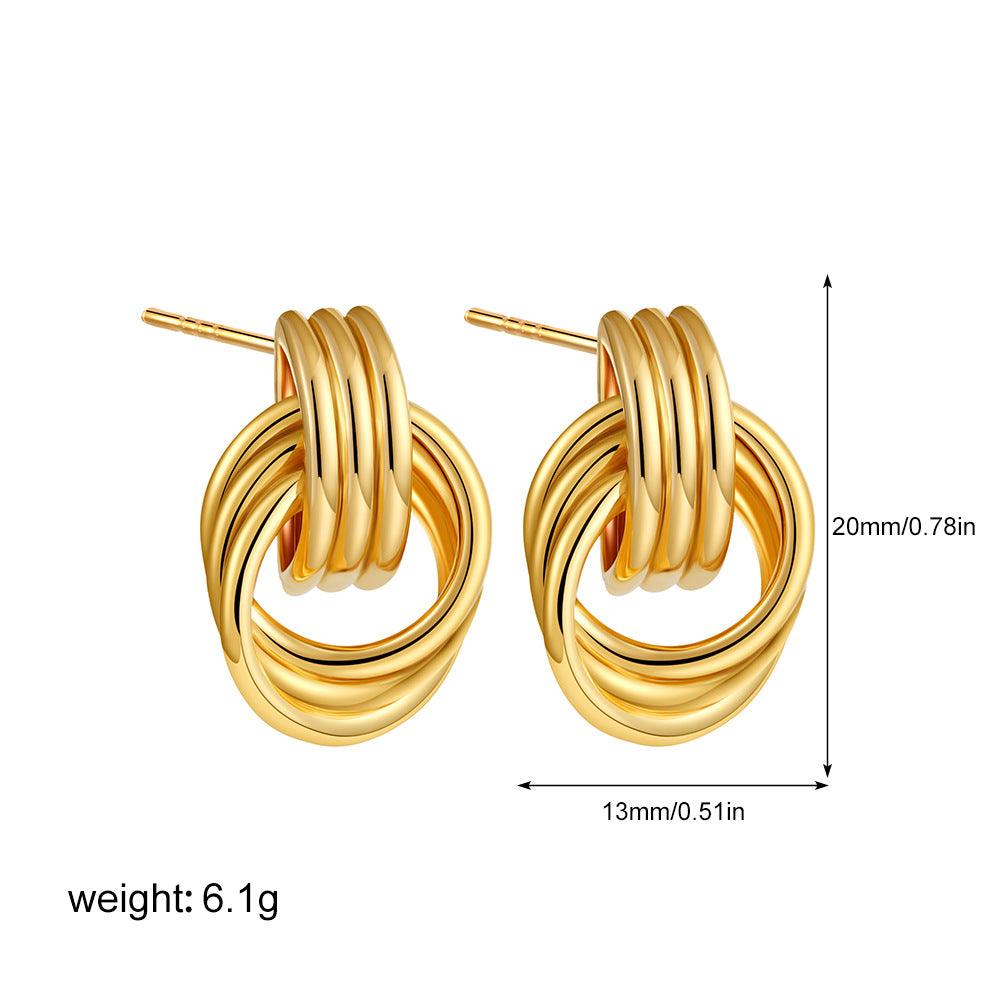 A pair of gold-tone interlocking hoop earrings with measurements displayed: 20mm (0.78in) in height and 13mm (0.51in) in width, weighing 6.1g, featuring a polished and elegant stacked design.