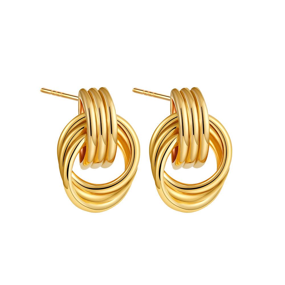 A pair of gold-tone interlocking hoop earrings featuring a polished and stacked circular design, ideal for a chic and elegant look.