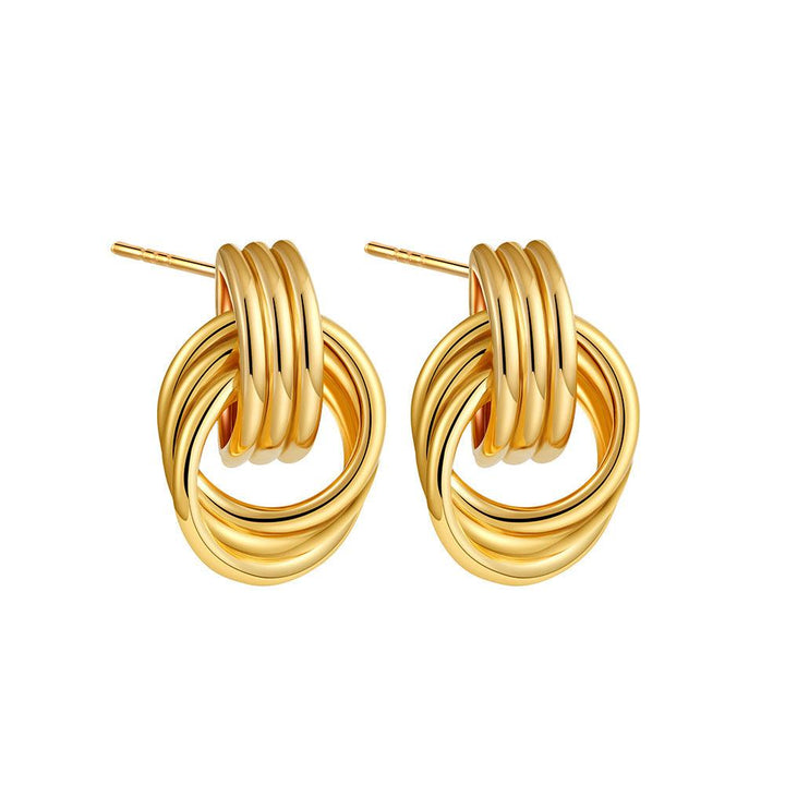 A pair of gold-tone interlocking hoop earrings featuring a polished and stacked circular design, ideal for a chic and elegant look.