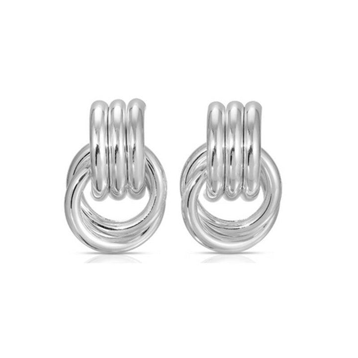 A pair of silver-tone interlocking hoop earrings featuring a stacked design for a sleek and contemporary style.